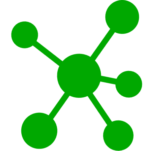 Green molecule icon on a white background, representing a social network icon